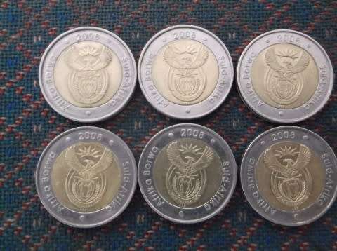 COINS : SOUTH AFRICAN R5 MANDELA 2008  ( 6 COINS )